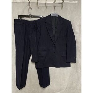 VTG Bespoke Suit Men 40R Blue Striped Tweed Winter Flannel Surgeon Cuffs 36x31 P